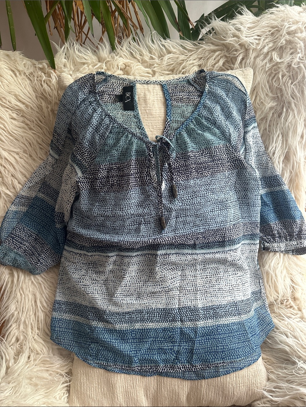 BCX Blue Striped Tie-Neck Peasant Blouse